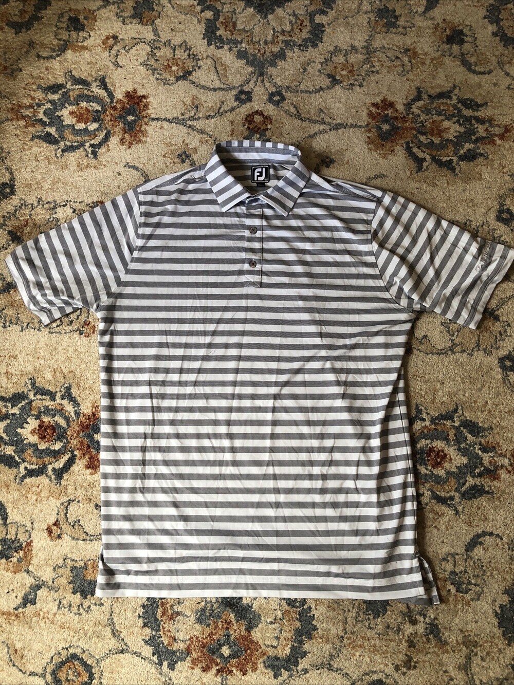 FootJoy Shirt Mens Extra Large Gray White Striped Polo Short Sleeve Stretch Golf